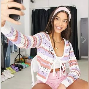 Hollister pointelle tie front cropped cardigan in multi stripe